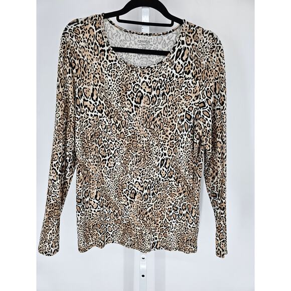 Chicos Womens Sz 2 (M) Long Sleeve Scoop neck Ultimate Tee Cheetah Print - Picture 1 of 3